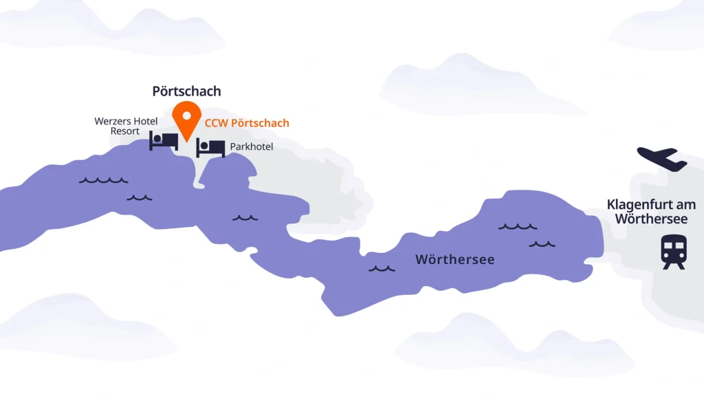 Grafik des Wörthersees mit Einzeichnung des Flughafens, des Bahnhofes, des Werzer Hotels und des Parkhotels in Pörtschach. Grafik zeigt die Anfahrt zum Kongress.